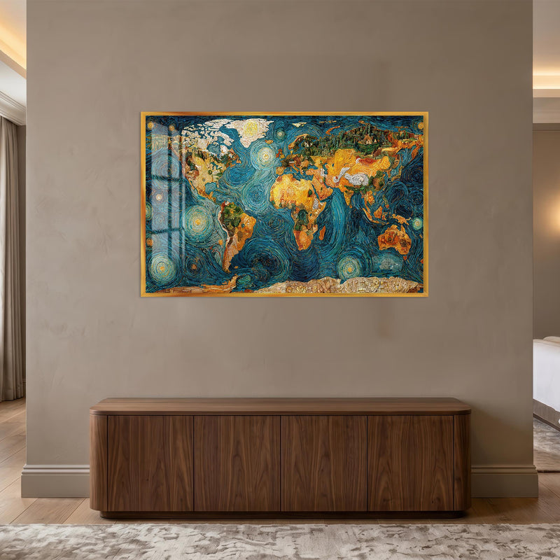 Van Gogh Yıldızlı Gece Dünya Haritası Cam Tablo – Altın Çerçeveli