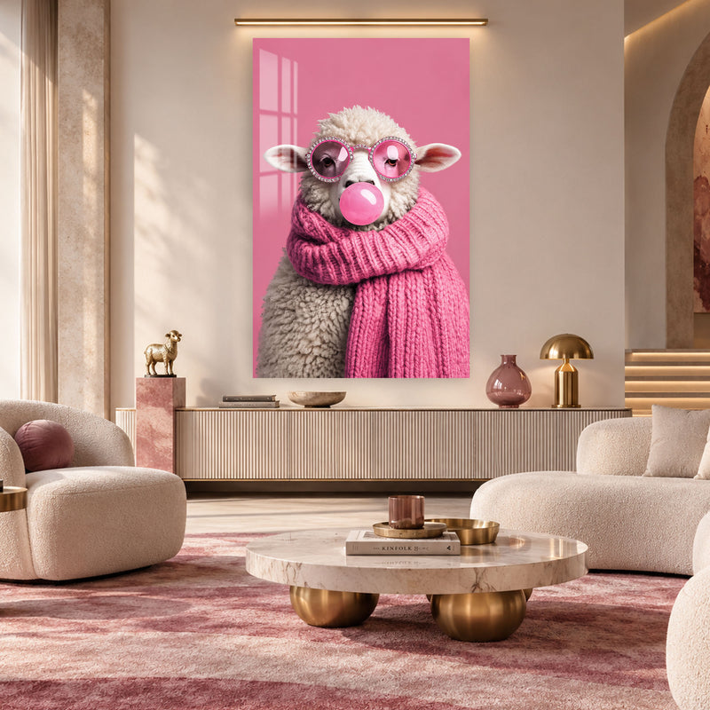 Balonlu Pembe Koyun Cam Tablo – Cam Tablo