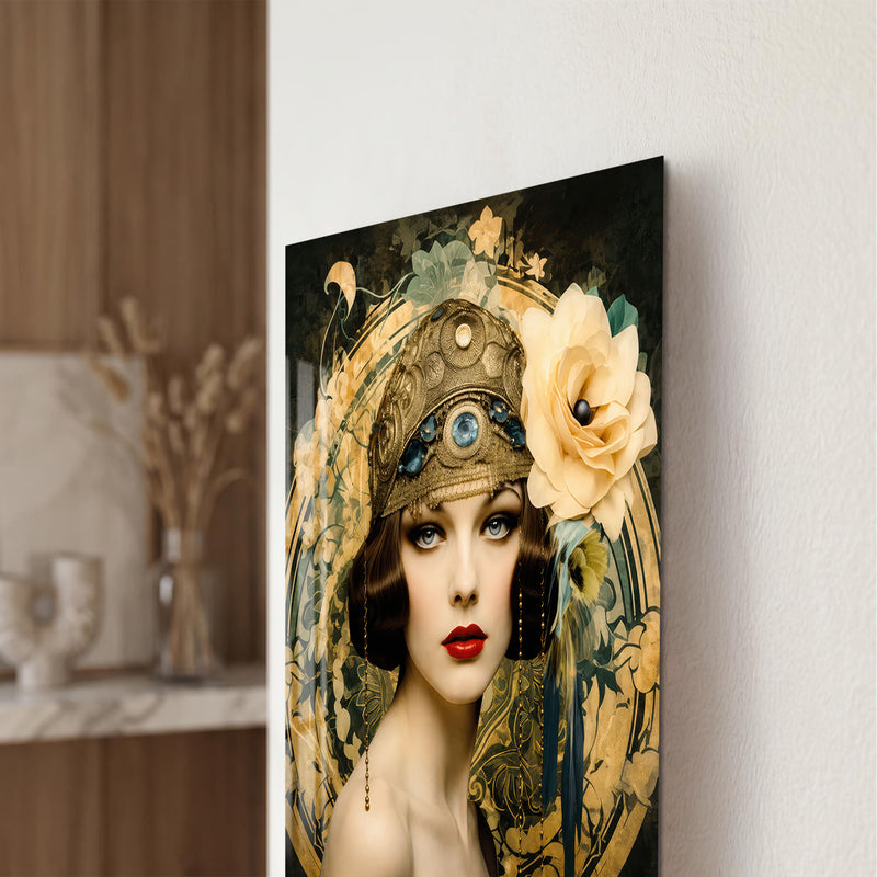 Art Deco Çiçek Taçlı Kadın Cam Tablo – Cam Tablo