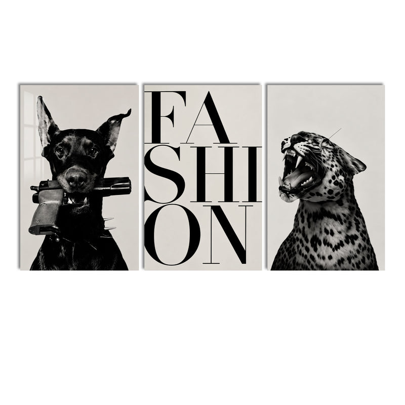Fashion Yazılı Dobermann ve Leopar Üçlü Cam Tablo