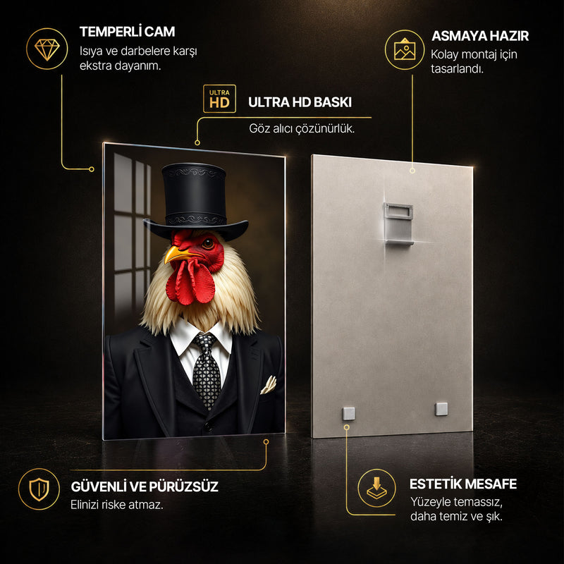Şapkalı Takım Elbiseli Horoz Cam Tablo – Cam Tablo