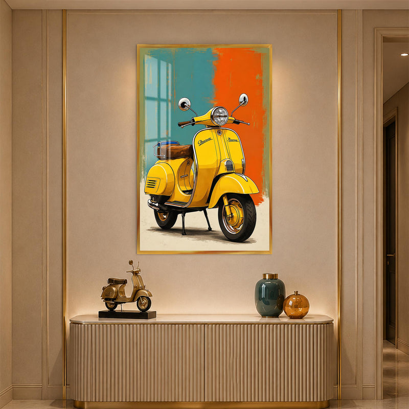 Turkuaz Turuncu Zeminde Sarı Vespa Cam Tablo – Altın Çerçeveli Cam Tablo