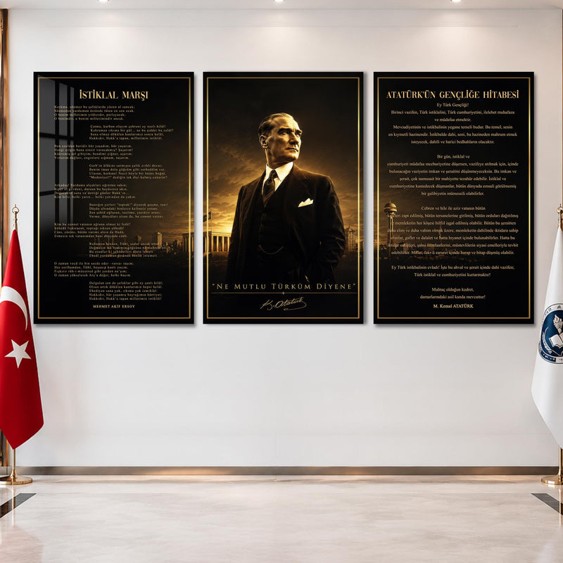 Atatürk Köşesi Üçlü Cam Tablo Seti — Altın Saatte Ankara