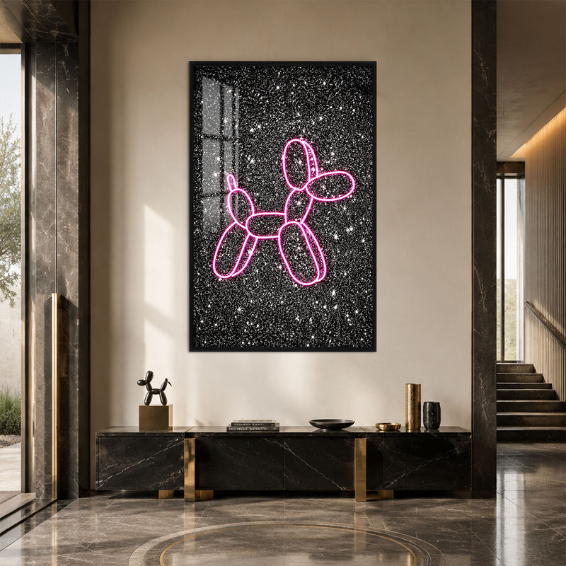 Neon Pembe Balon Köpek Cam Tablo – Siyah Çerçeveli Cam Tablo