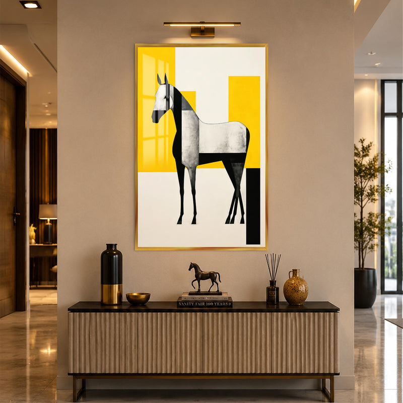 Sarı Geometride Gümüş At Cam Tablo – Altın Çerçeveli Cam Tablo