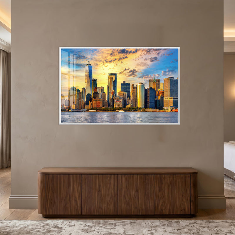 New York Manhattan Gün Batımı Cam Tablo – Beyaz Cerceveli Cam Tablo