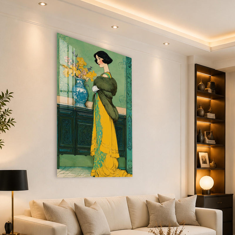 Sarı Elbiseli Çiçekçi Kadın Cam Tablo – Cam Tablo