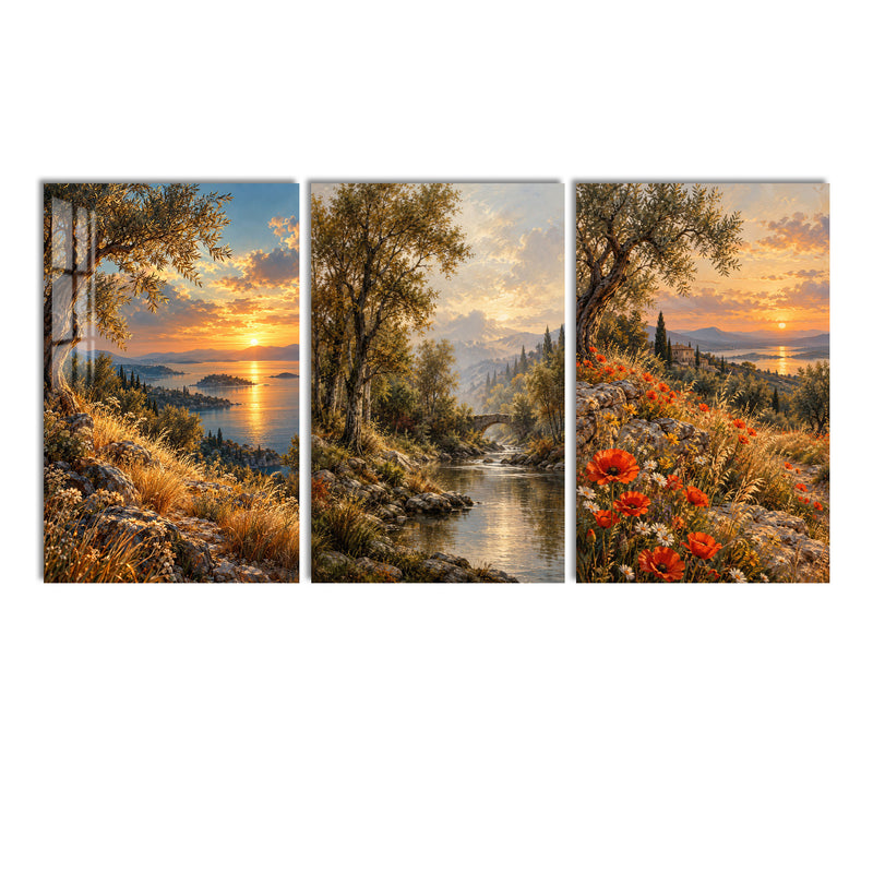 Günbatımı Göl Manzarası Üçlü Cam Tablo