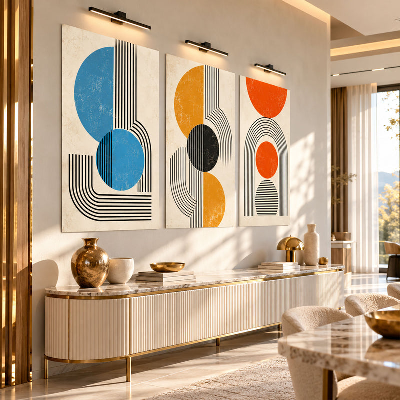 Mavi Turuncu Sarı Mid-Century Daire Üçlü Cam Tablo