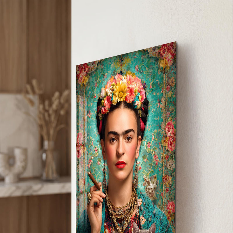 Kedili ve Purolu Frida Kahlo Cam Tablo – Cam Tablo