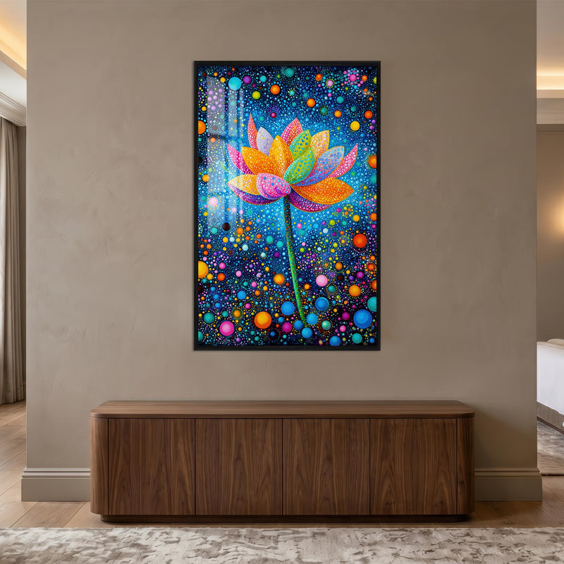 Noktalı Lotus Çiçeği Cam Tablo – Siyah Çerçeveli Cam Tablo