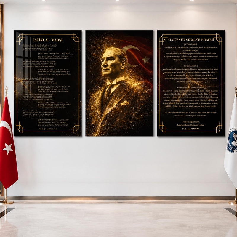 Atatürk Köşesi Üçlü Cam Tablo Seti — Altın Parçacıklı Bayraklı