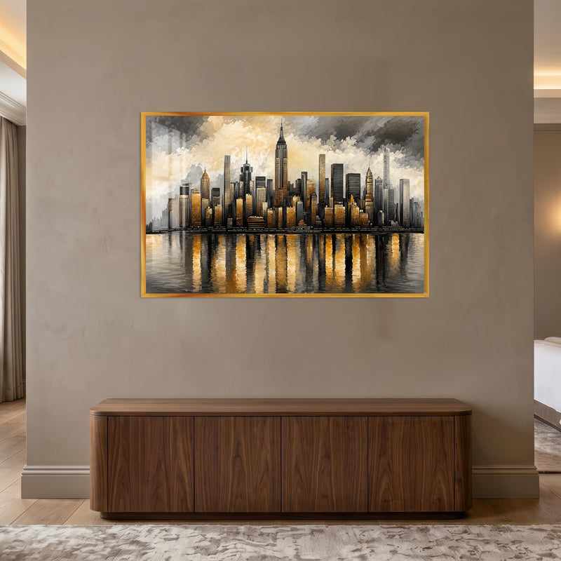 New York Gece Empire State Altın Cam Tablo – Altin Cerceveli Cam Tablo