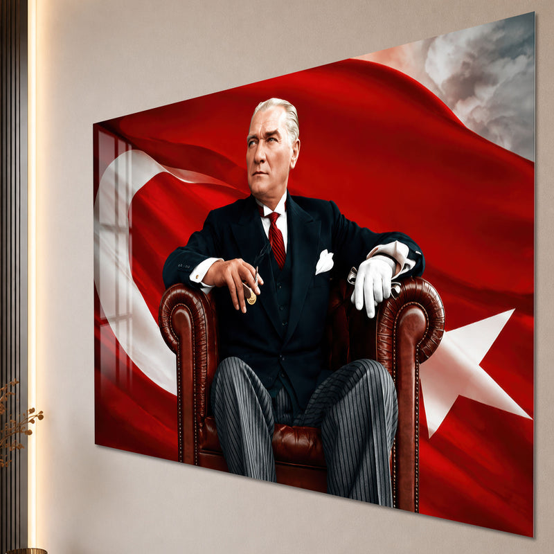 Deri Koltukta Atatürk Cam Tablo