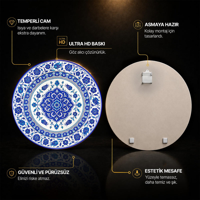 Kobalt Rumi Çiçek Madalyonu Cam Tablo – Cam Tablo