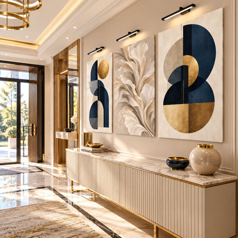 Lacivert Altın Mid-Century Tüy Üçlü Cam Tablo