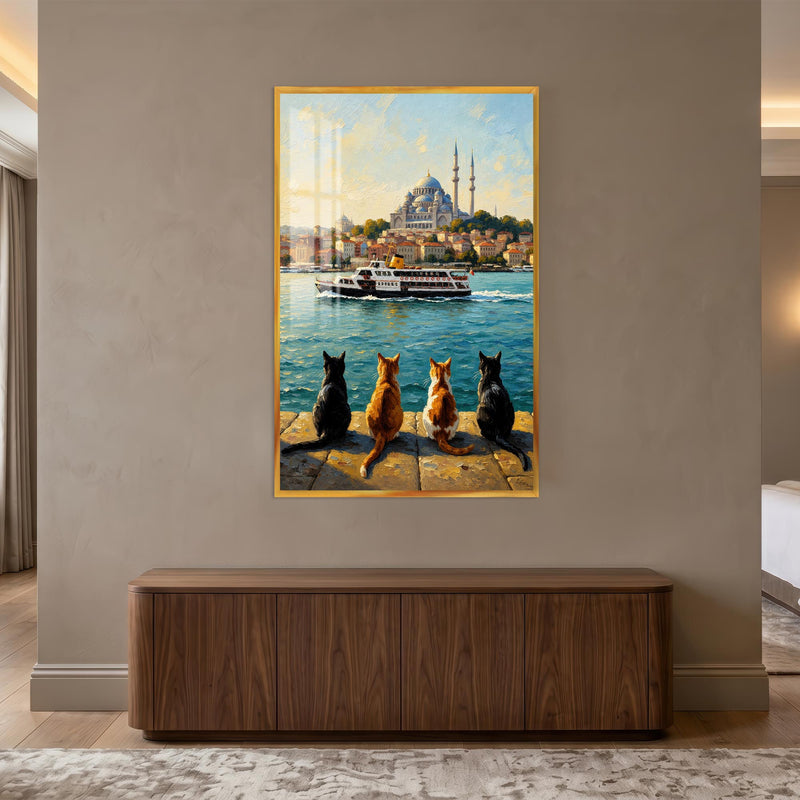 İstanbul Boğazı Kedi Manzarası Cam Tablo – Altin Cerceveli Cam Tablo
