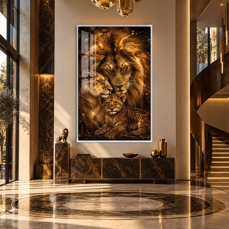 Altın Işıltılı Aslan Ailesi Cam Tablo – Beyaz Çerçeveli Cam Tablo
