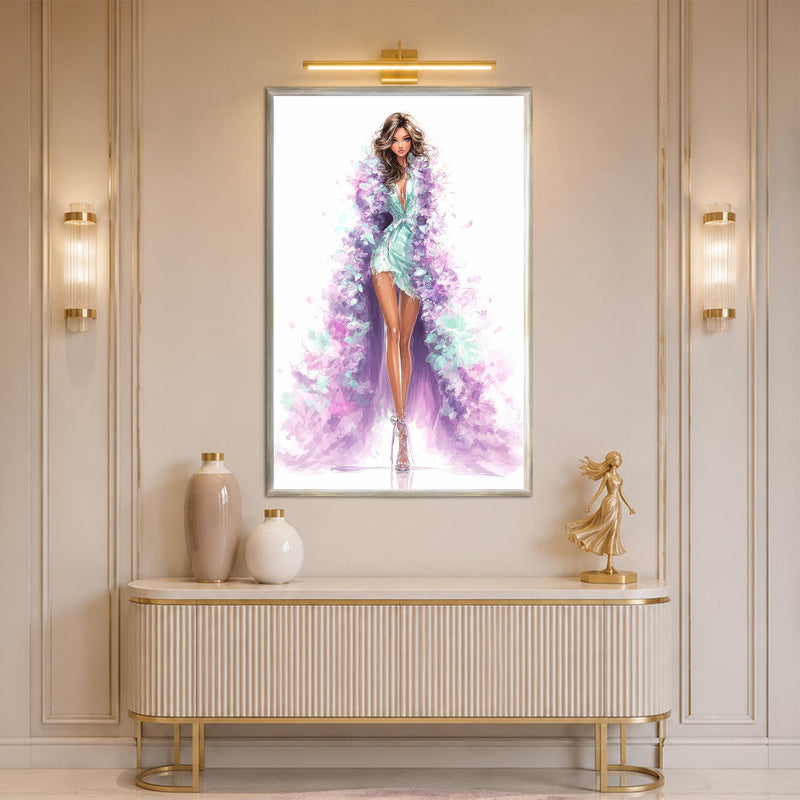 Lavanta ve Mint Tonlarında Moda İllüstrasyonu Cam Tablo – Gümüş Çerçeveli Cam Tablo