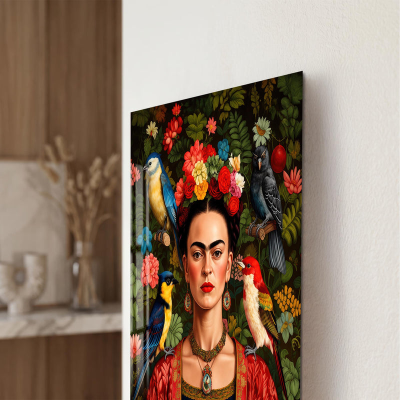 Kuşlar ve Çiçeklerle Frida Kahlo Cam Tablo – Cam Tablo
