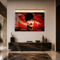 Kızıl Gökte Kalpaklı Atatürk Cam Tablo – Beyaz Çerçeveli