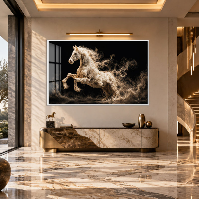Dumanlı Beyaz At Cam Tablo – Beyaz Çerçeveli Cam Tablo