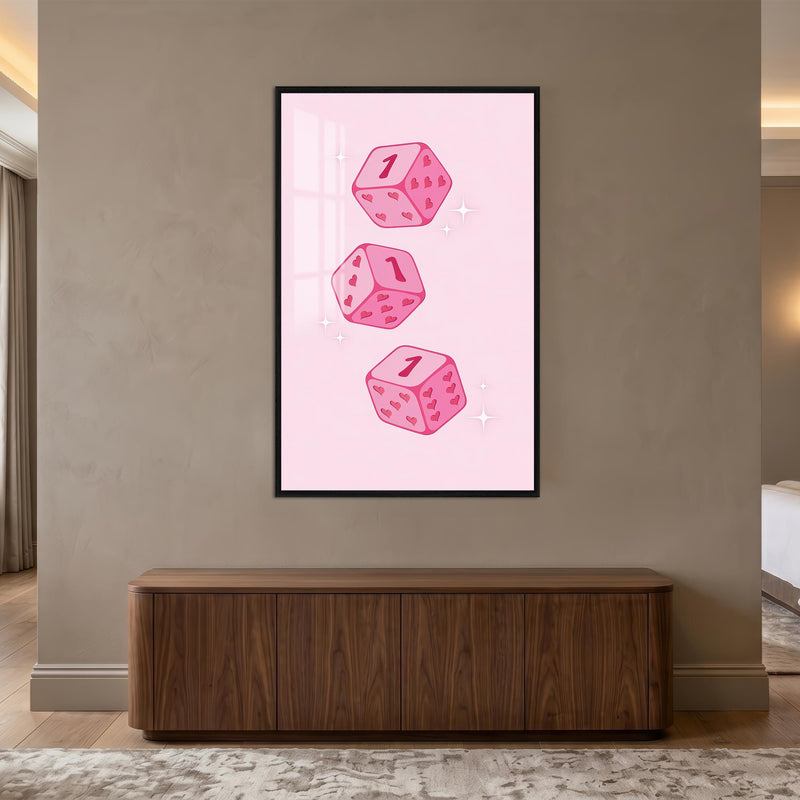 Pembe Şans Zarları Cam Tablo – Siyah Çerçeveli Cam Tablo