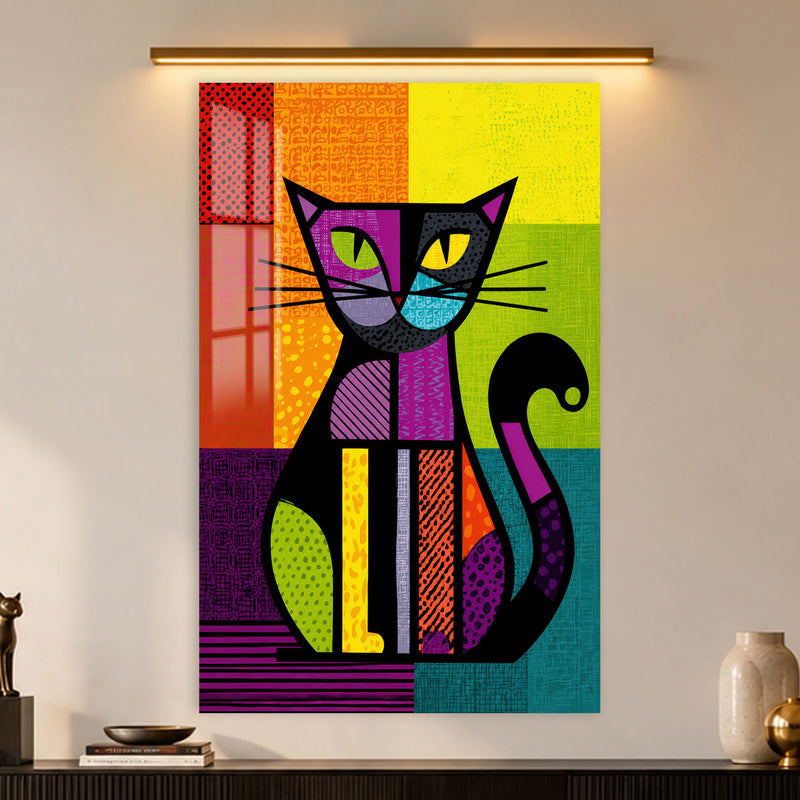 Geometrik Renkli Kedi Cam Tablo – Cam Tablo