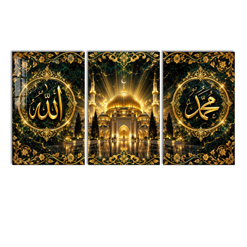 Altın Işıklı Cami ve Hat Levhası Üçlü Cam Tablo