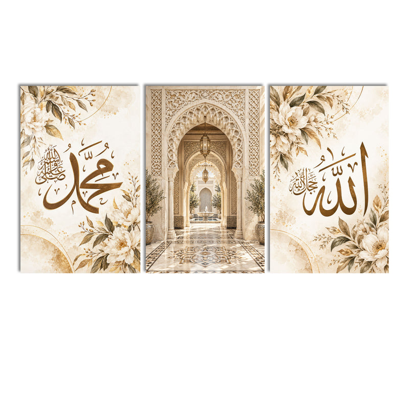 Allah Muhammed Çiçekli Hat Üçlü Cam Tablo