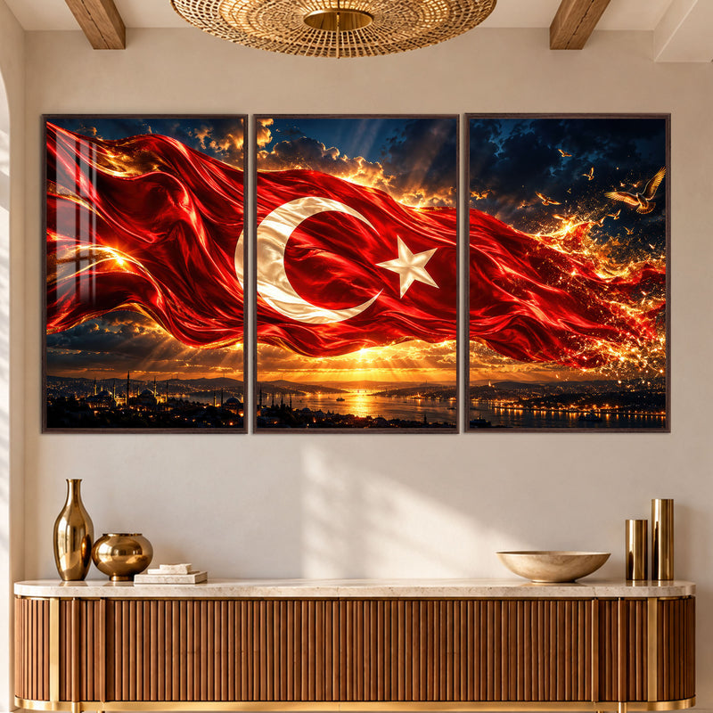 Alevli Türk Bayrağı Gün Batımı Üçlü Cam Tablo – Ceviz Çerçeveli