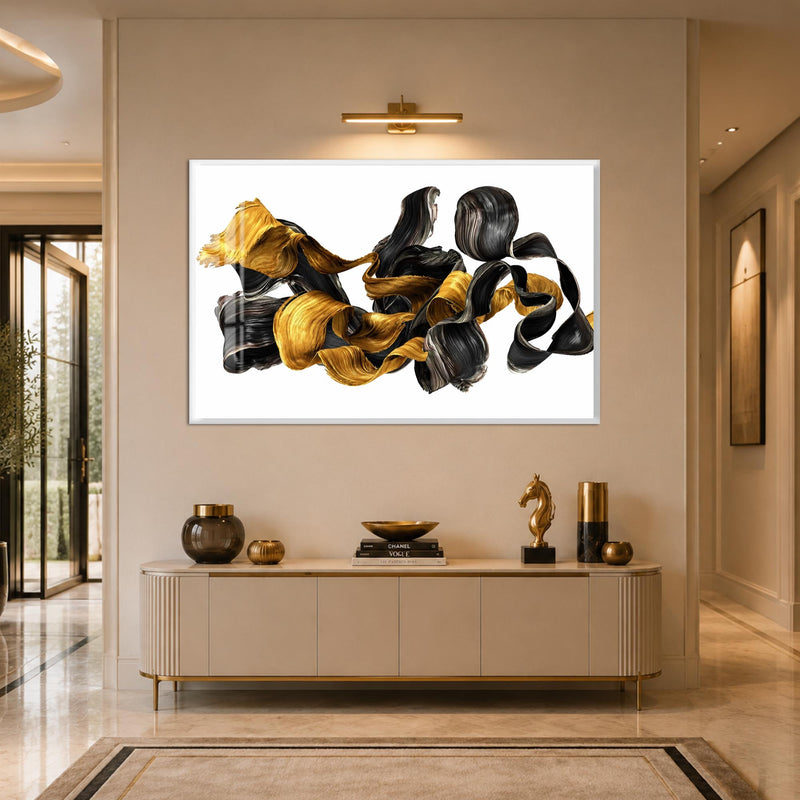 Altın Siyah Akışkan Form Cam Tablo – Beyaz Çerçeveli Cam Tablo