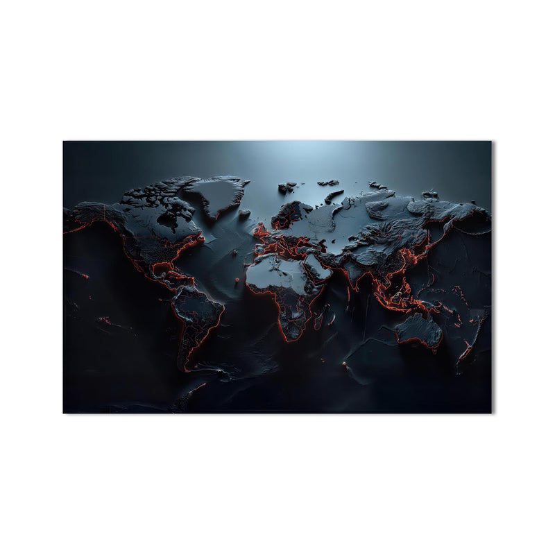Volkanik Lav Çizgili Dünya Haritası Cam Tablo