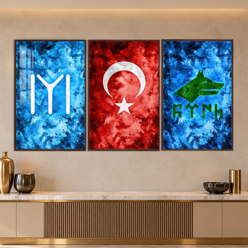 Kayı Damgası, Bayrak ve Bozkurt Üçlü Cam Tablo – Ceviz Çerçeveli