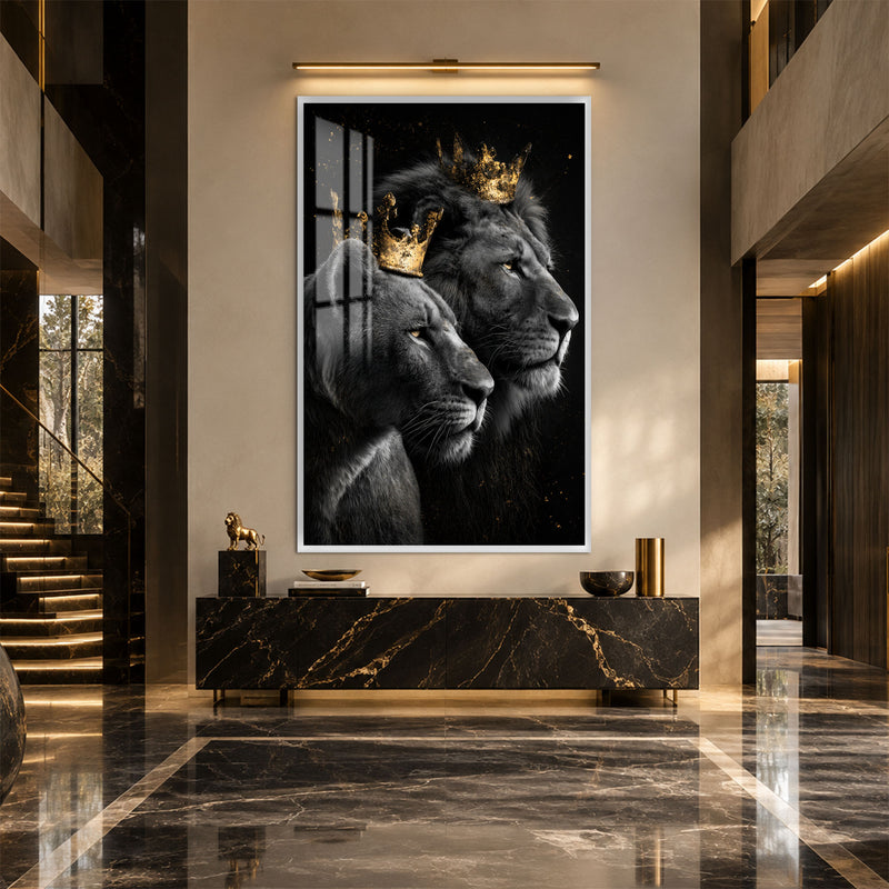 Taçlı Aslan Çifti Cam Tablo – Beyaz Çerçeveli Cam Tablo