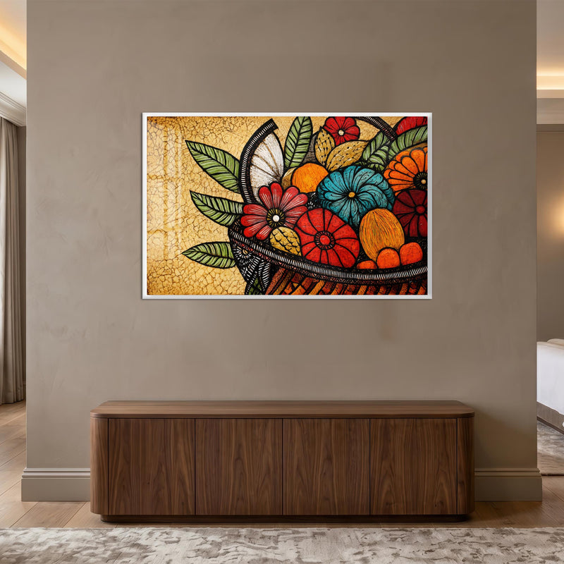 Folk Sanat Çiçek Sepeti Cam Tablo – Beyaz Çerçeveli Cam Tablo
