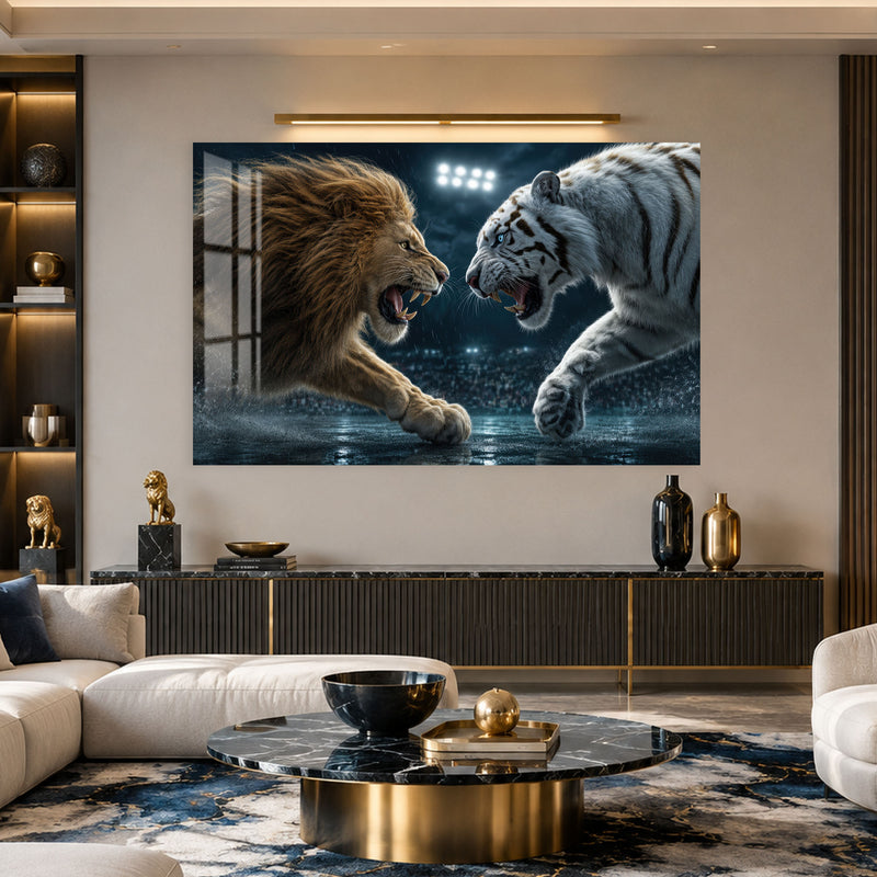Aslan ve Kaplan Karşı Karşıya Cam Tablo – Cam Tablo