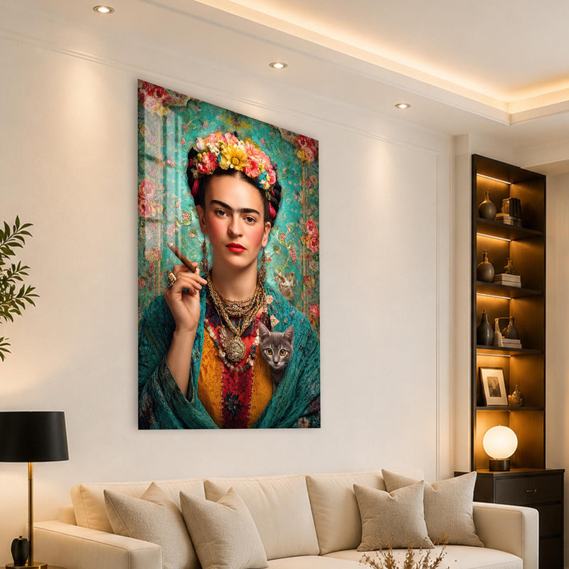 Kedili ve Purolu Frida Kahlo Cam Tablo – Cam Tablo