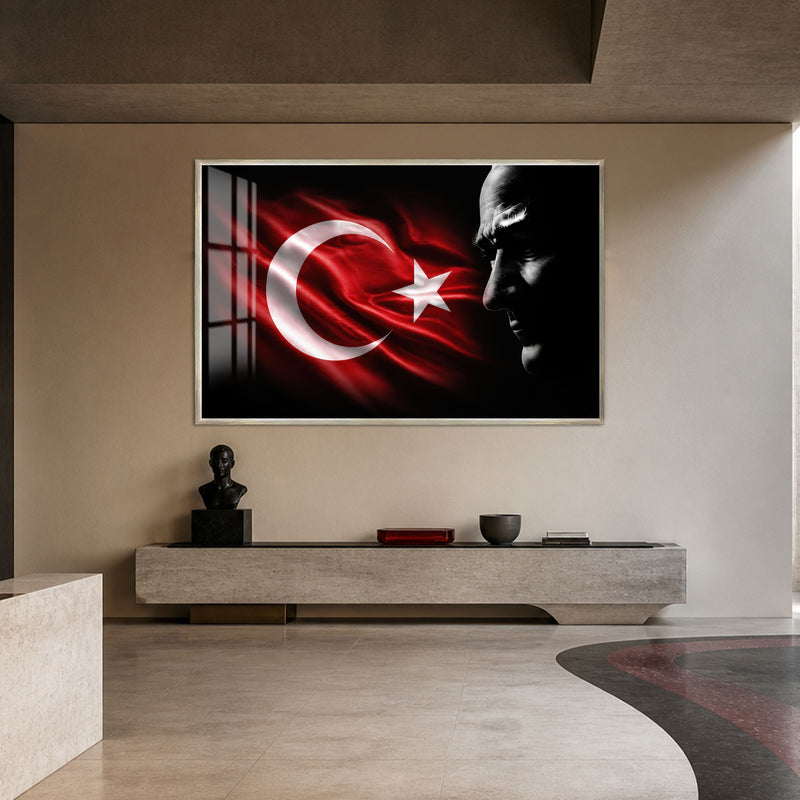 Bayrak ve Profil Atatürk Cam Tablo – Gümüş Çerçeveli