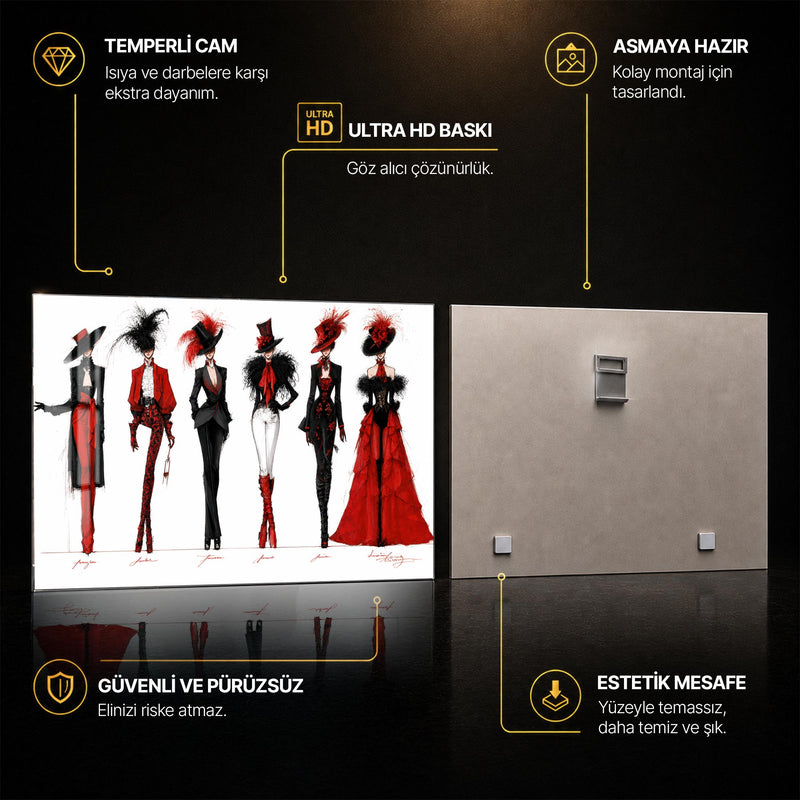 Siyah ve Kırmızı Couture Elbise Eskizi Cam Tablo – Cam Tablo
