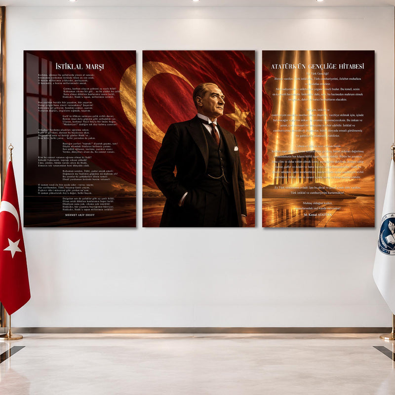 Atatürk Köşesi Üçlü Cam Tablo Seti — Anıtkabir Gün Batımı Kızıl