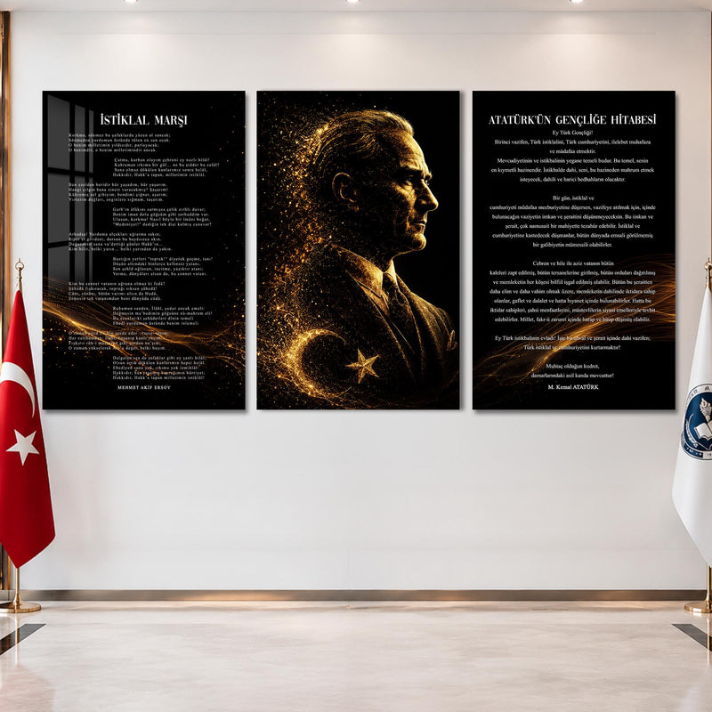 Atatürk Köşesi Üçlü Cam Tablo Seti — Altın Parçacıklı Silüet