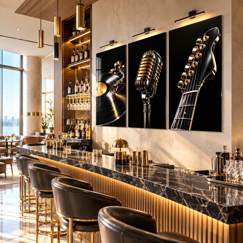 Plak, Mikrofon ve Gitar Üçlü Cam Tablo