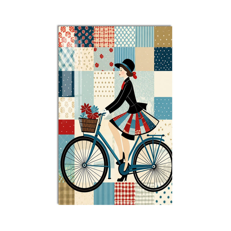 Patchwork Desenli Bisikletli Kadın Cam Tablo – Cam Tablo