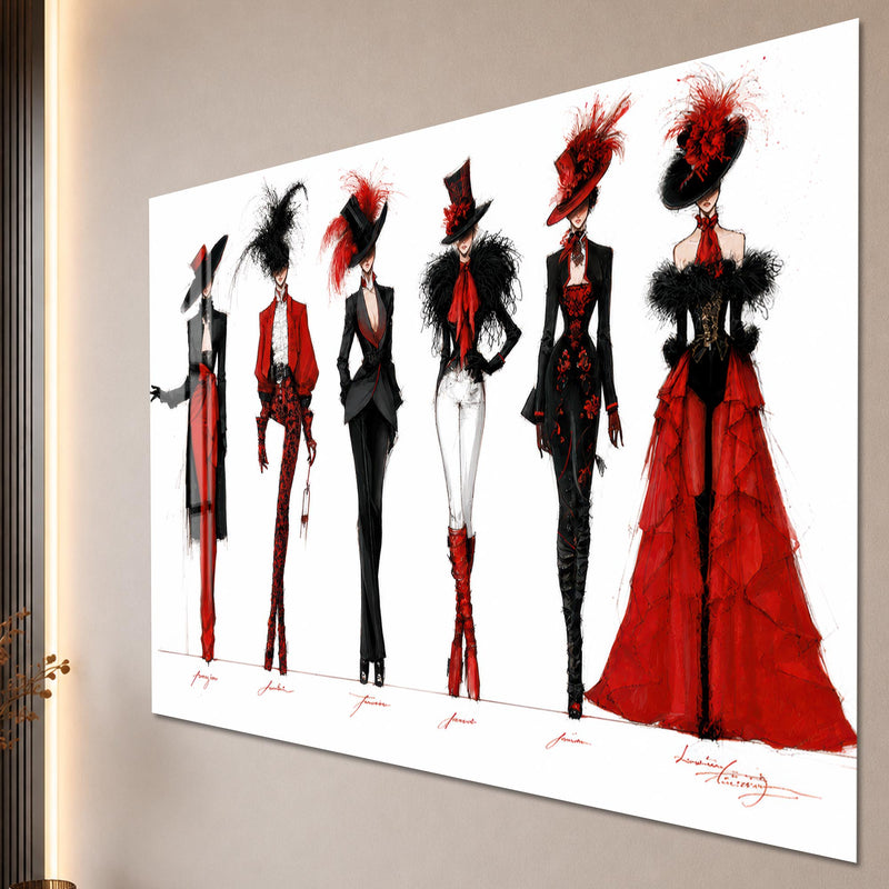 Siyah ve Kırmızı Couture Elbise Eskizi Cam Tablo – Cam Tablo