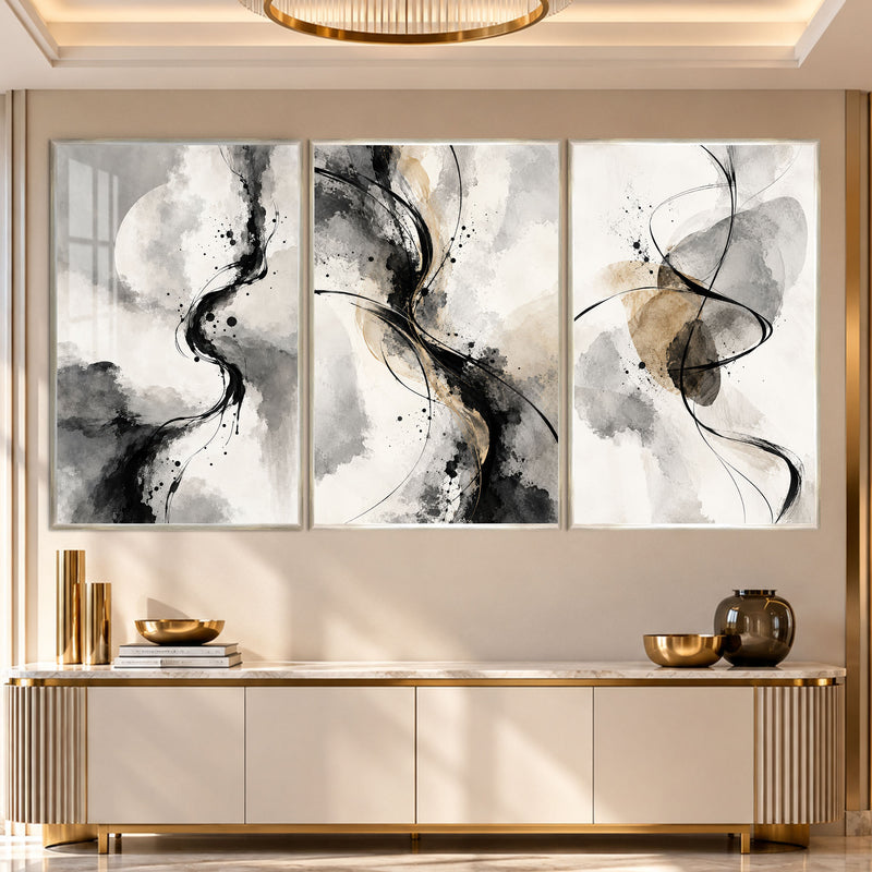 Siyah Altın Mürekkep Akışı Üçlü Cam Tablo – Gümüş Çerçeveli