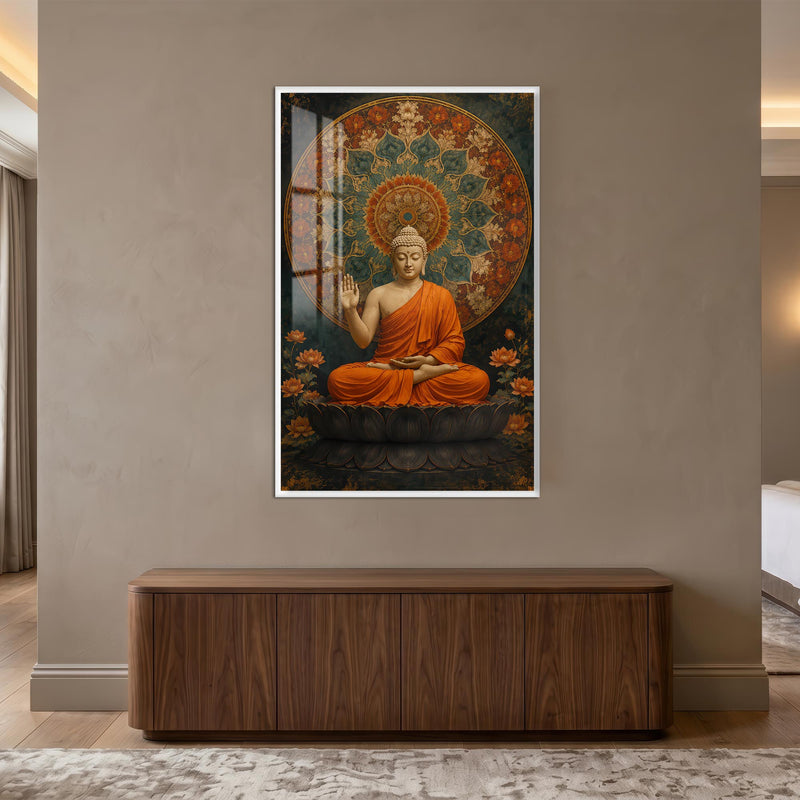Lotus Mandalalı Buda Cam Tablo – Beyaz Çerçeveli Cam Tablo