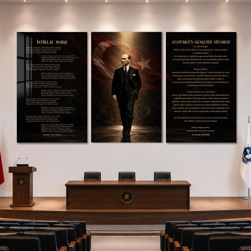 Atatürk Köşesi Üçlü Cam Tablo Seti — Aydınlık Yolda Yürüyen Atatürk