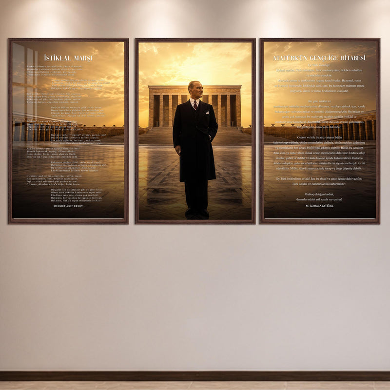 Atatürk Köşesi Üçlü Cam Tablo Seti — Anıtkabir Altın Işıklı – Ceviz Çerçeveli