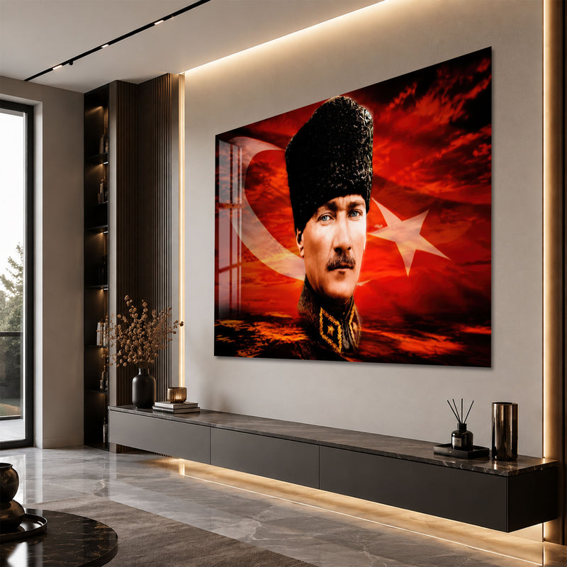 Kızıl Gökte Kalpaklı Atatürk Cam Tablo